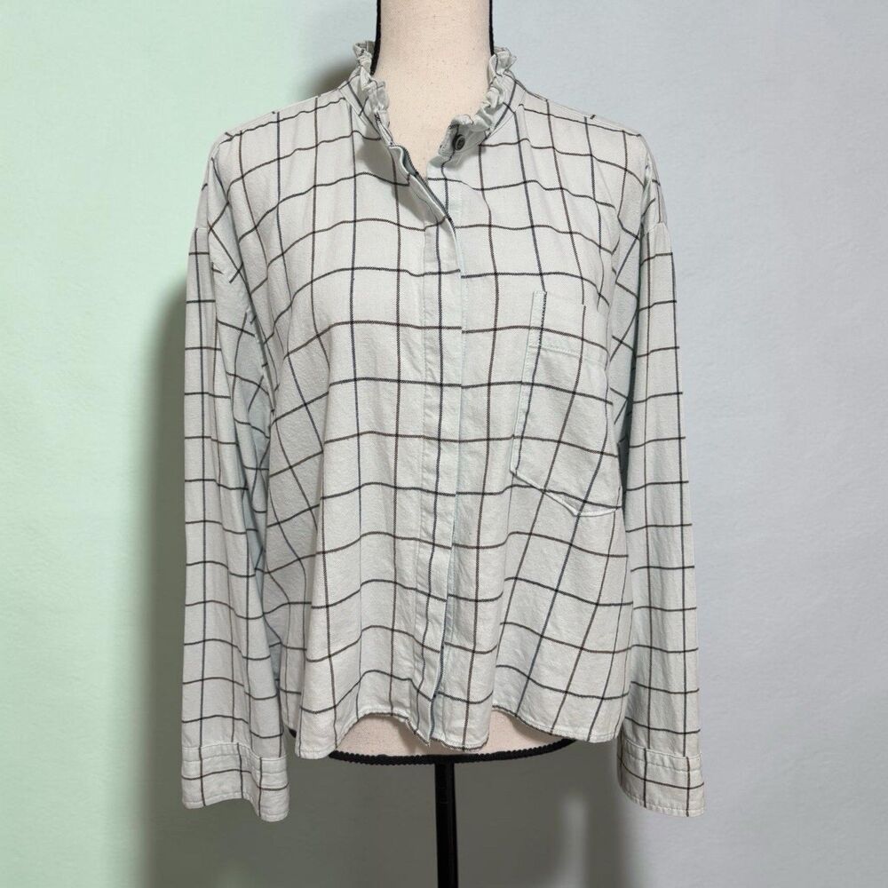 Everlane Ruffle Collar Flannel Button Up Sz XL Mint Blue & Black Windowpane